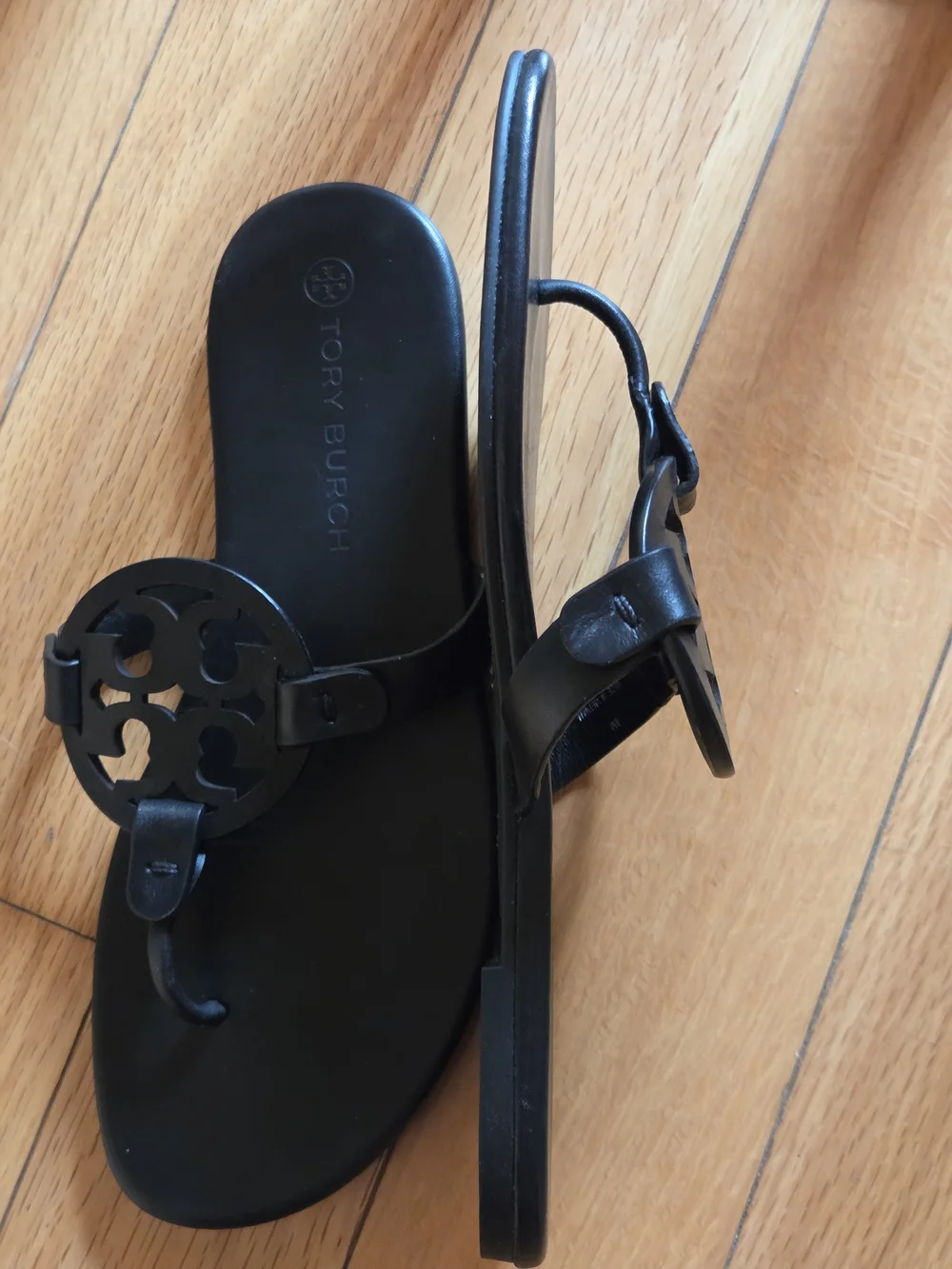 Tory Burch Black Leather Logo Thong Sandals